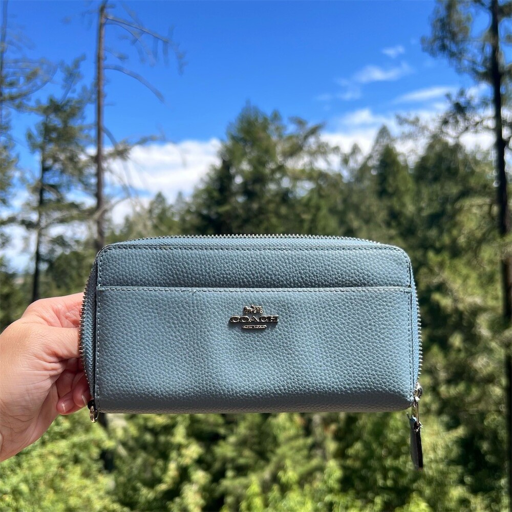 COACH Long Zip-Around Wallet Blue Pebble Leather Wallet with Silver Hardware